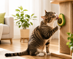 Gato jugando con el juguete de catnip en un rascador