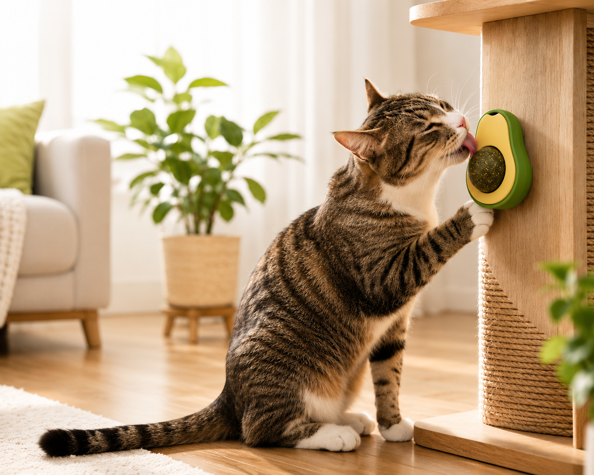 Gato jugando con el juguete de catnip en un rascador
