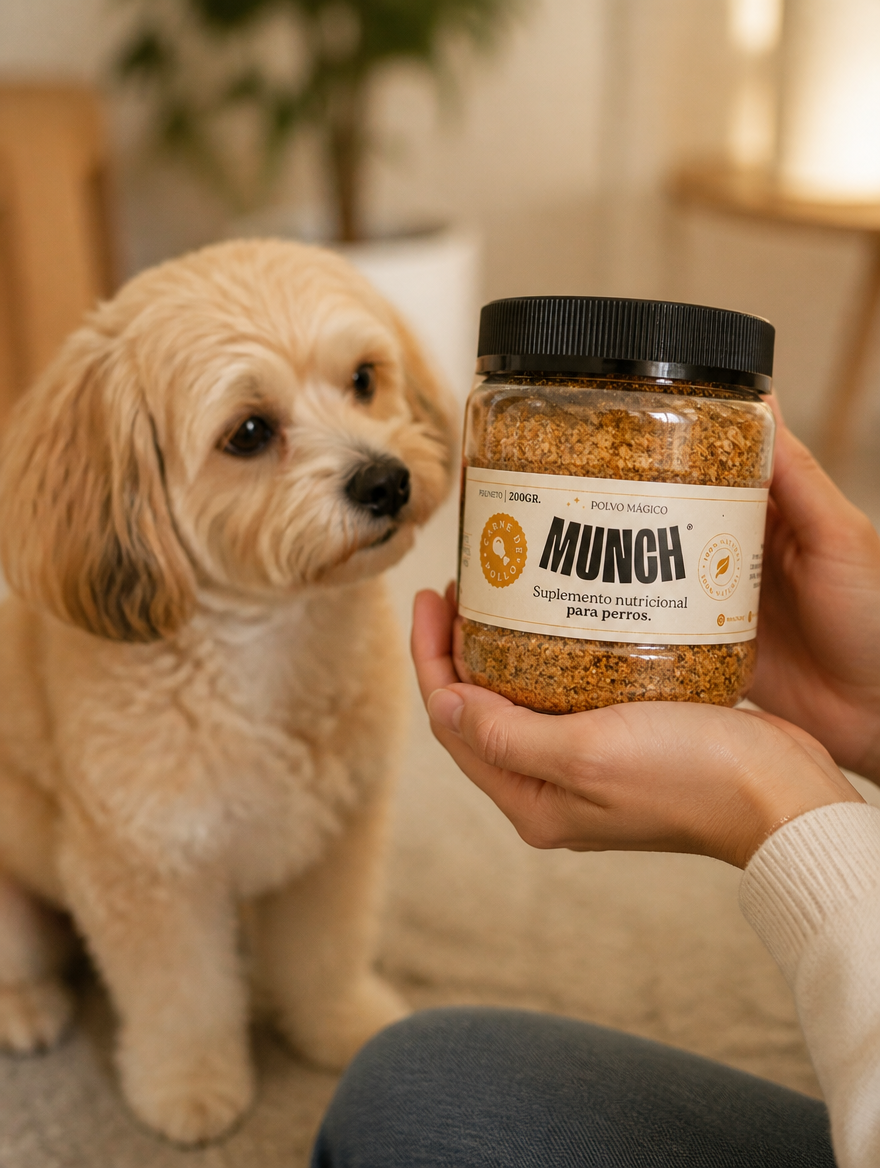 Cachorro curioso junto al frasco de Munch
