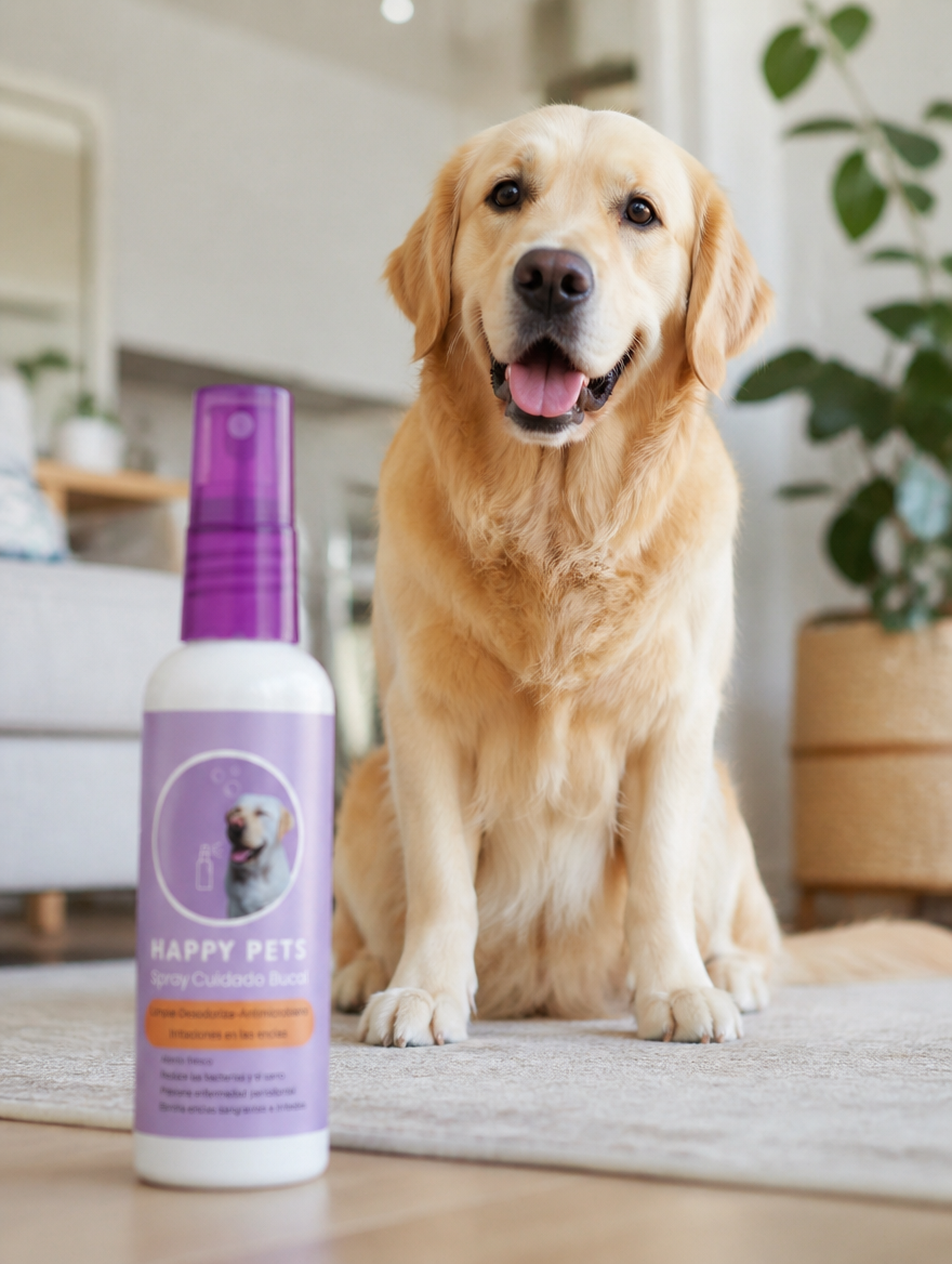 Perro feliz junto al spray Happy Pets