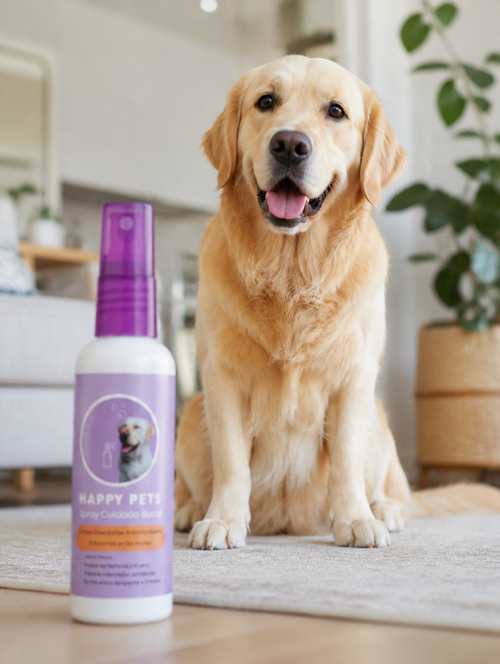 Perro feliz junto al spray Happy Pets